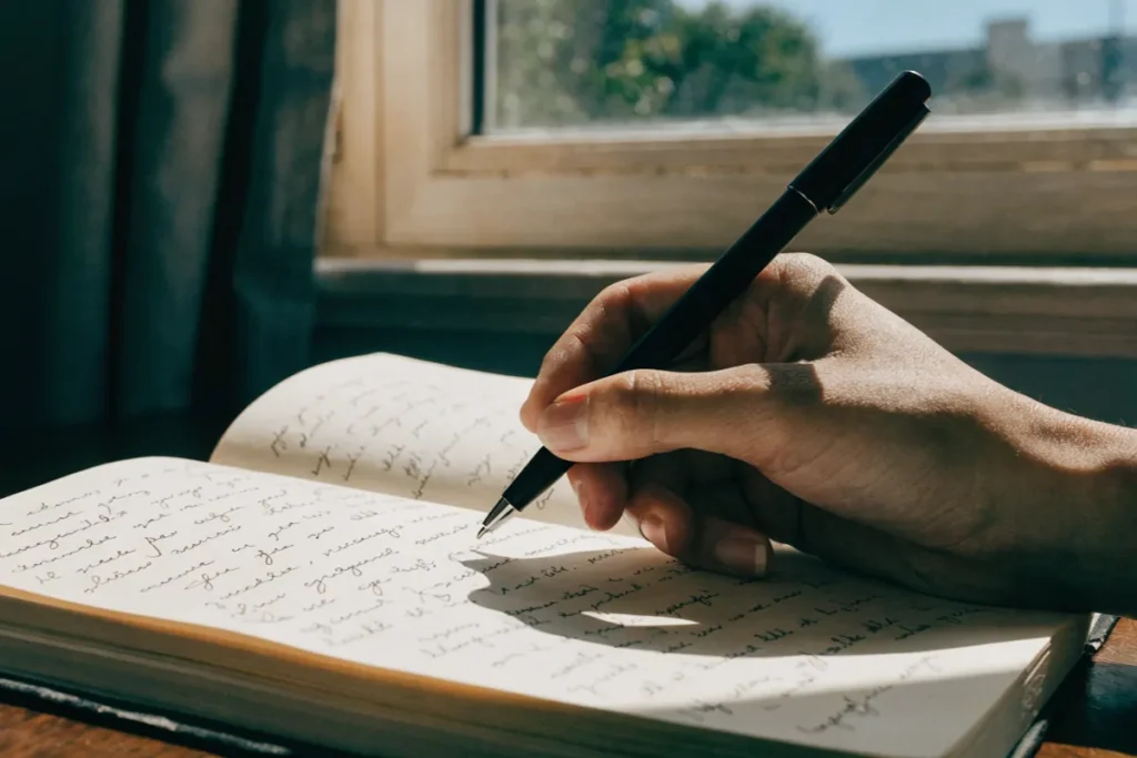 une main tenant un stylo et remplissant un carnet ouvert évoquant un écrivain