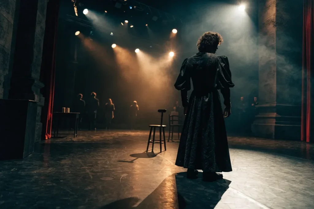 Illustration IA d’un acteur répétant une scène de théâtre inspirée de Hamlet