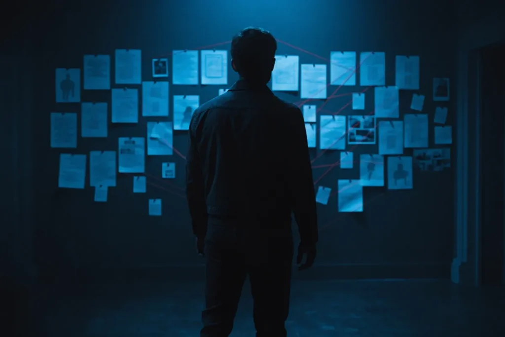 Silhouette d'un enquêteur devant un mur de preuves lié à l'affaire Unabomber