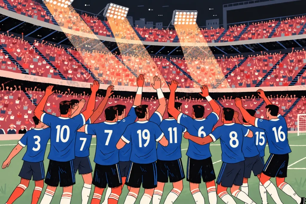 Des joueurs célébrant une victoire évoquant le but de Michael Olise