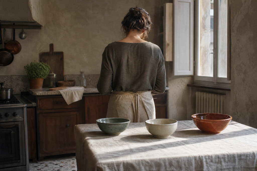 Femme vue de dos dans une cuisine italienne