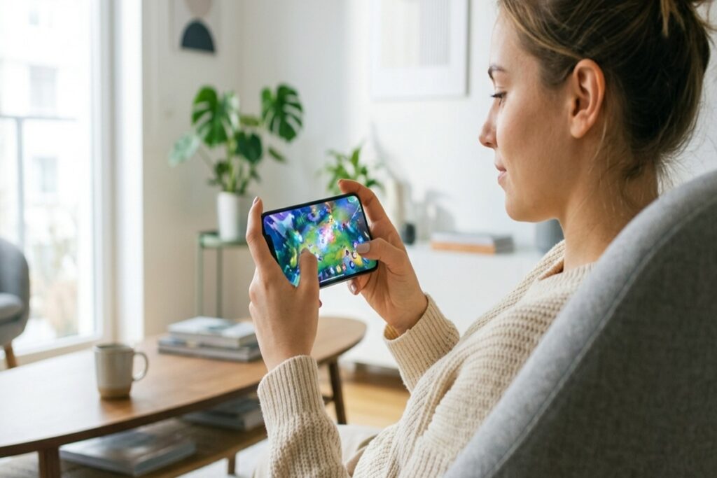 Une jeune femme qui joue à un jeu d’arcade sur mobile