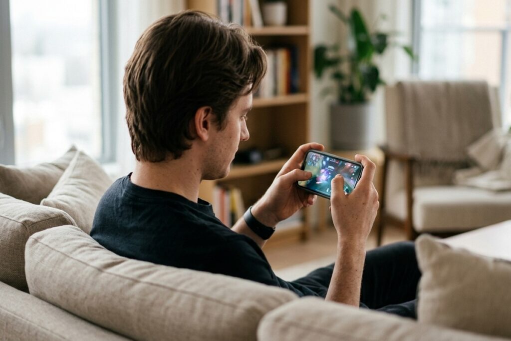 Un joueur sur son smartphone