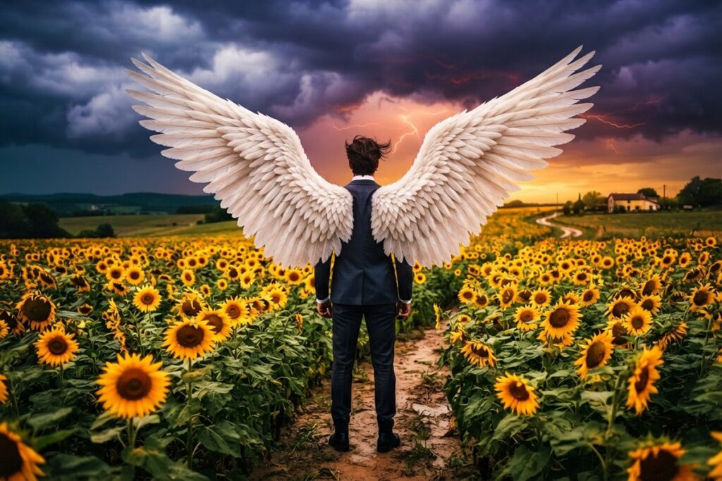 Homme ailé vu de dos au milieu d’un champ de tournesols