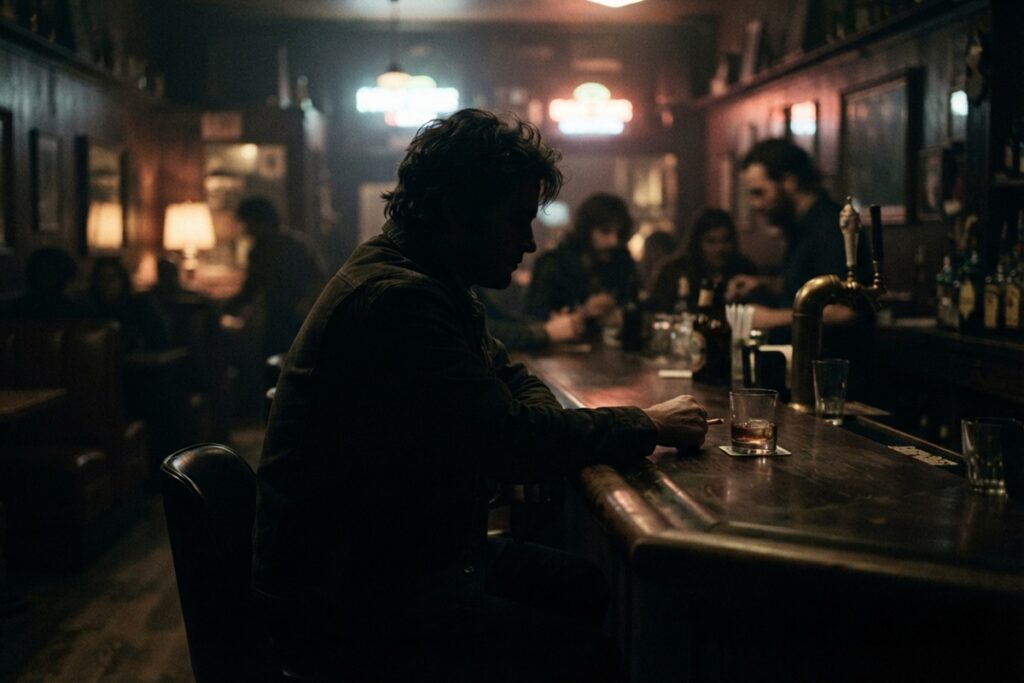 Homme assis au comptoir d’un bar