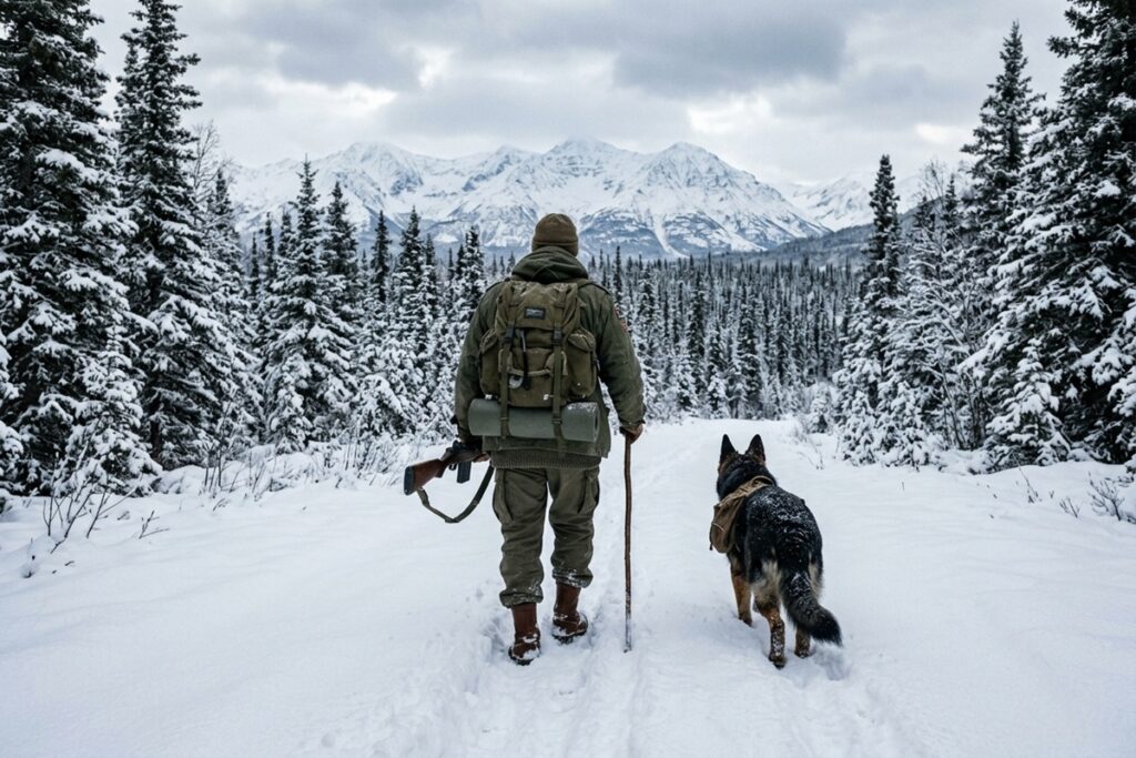 Homme et son berger allemand dans une forêt d’Alaska