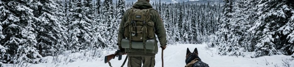 Homme et son berger allemand dans une forêt d’Alaska