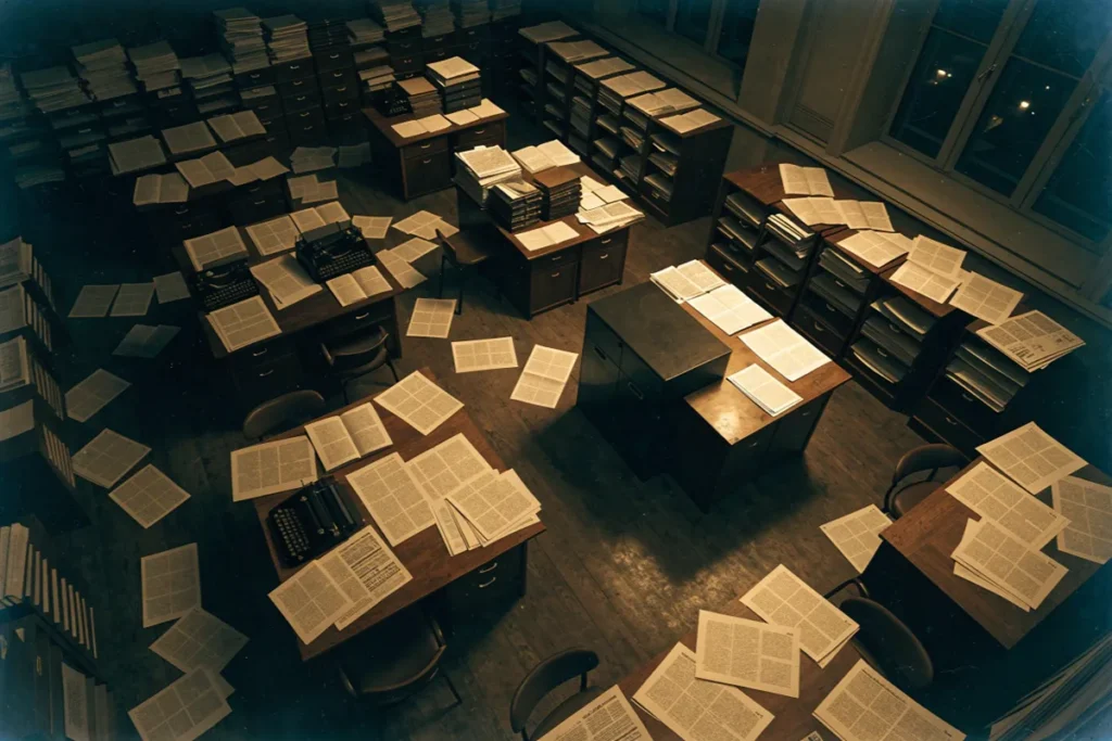 Vue plongeante d'une salle de rédaction déserte la nuit comme dans Ink