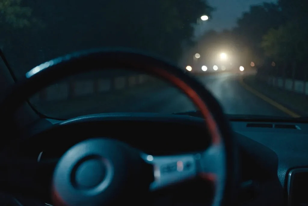 volant de voiture dans un paysage nocturne