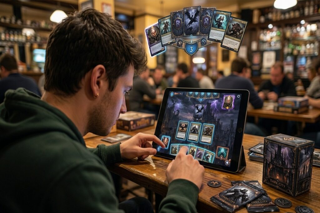 Un gamer qui joue au JCC Hearthstone sur sa tablette