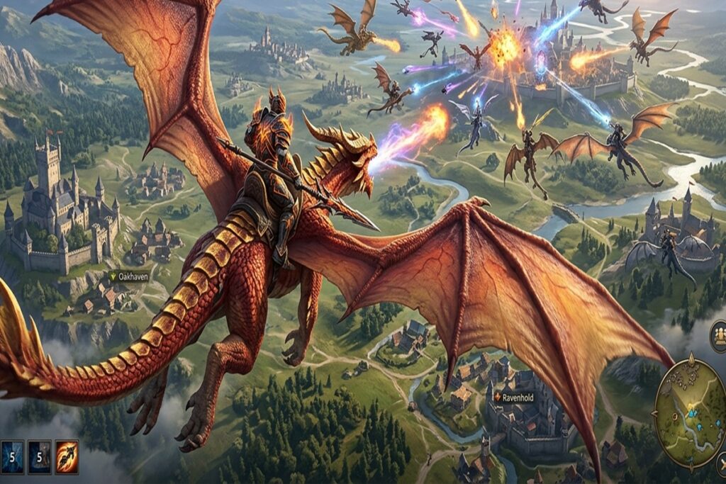 Gameplay d’un MMORPG fantasy avec des dragons