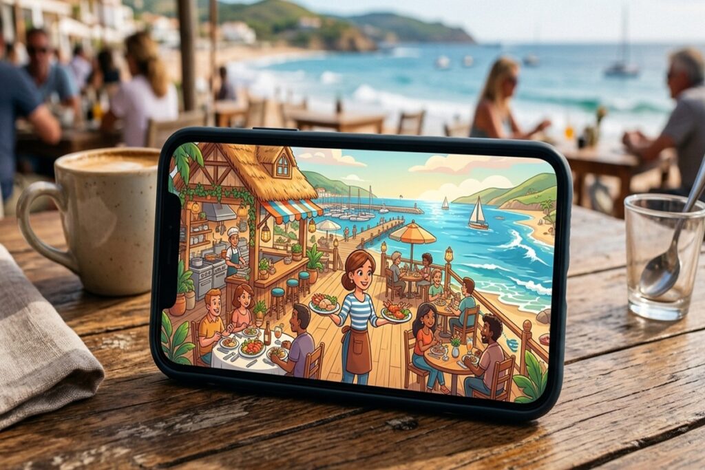 Illustration d’un jeu de gestion de restaurant sur un smartphone