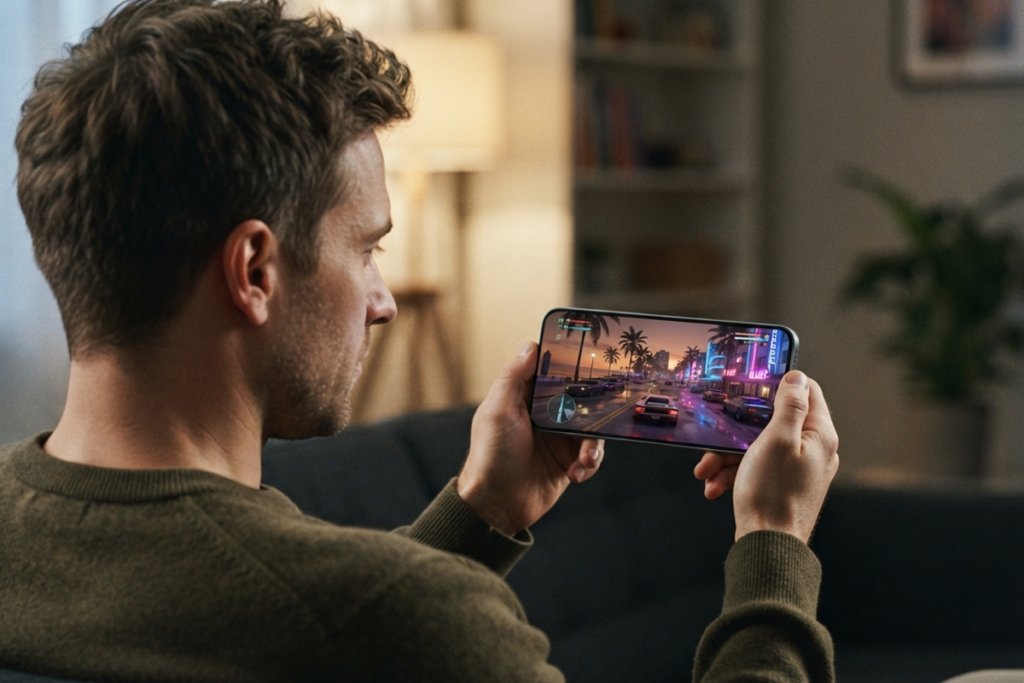Un homme jouant sur son smartphone