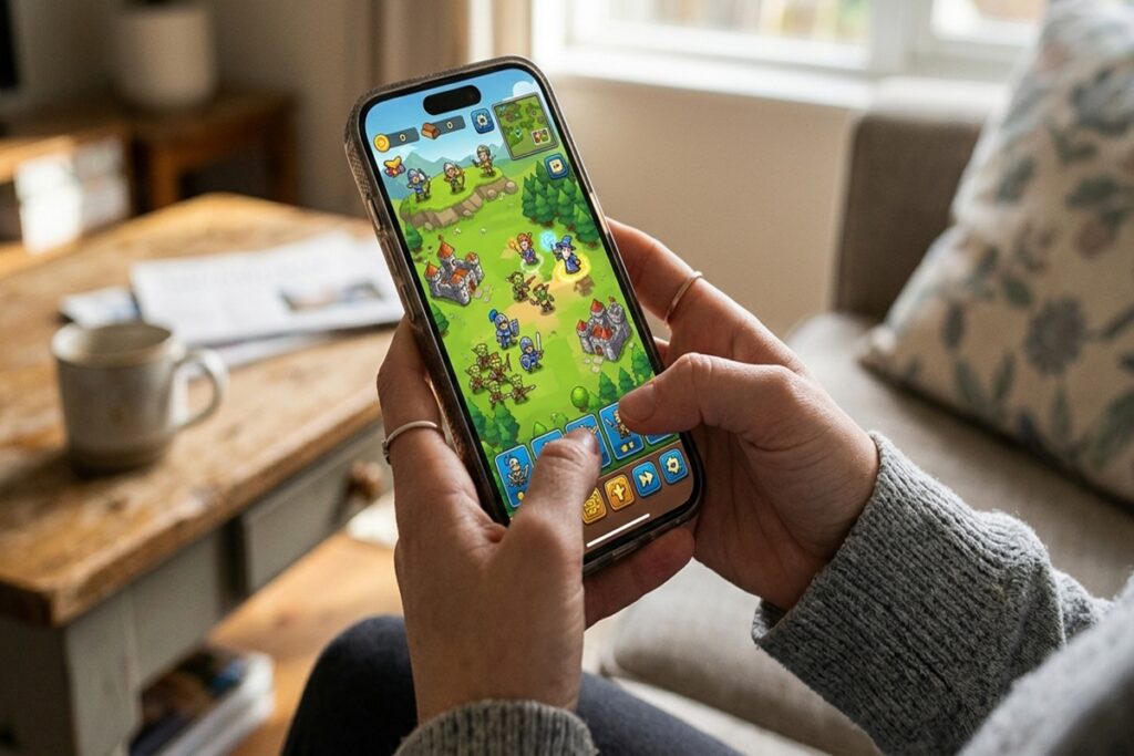 Une personne qui joue à des jeux mobiles roguelite