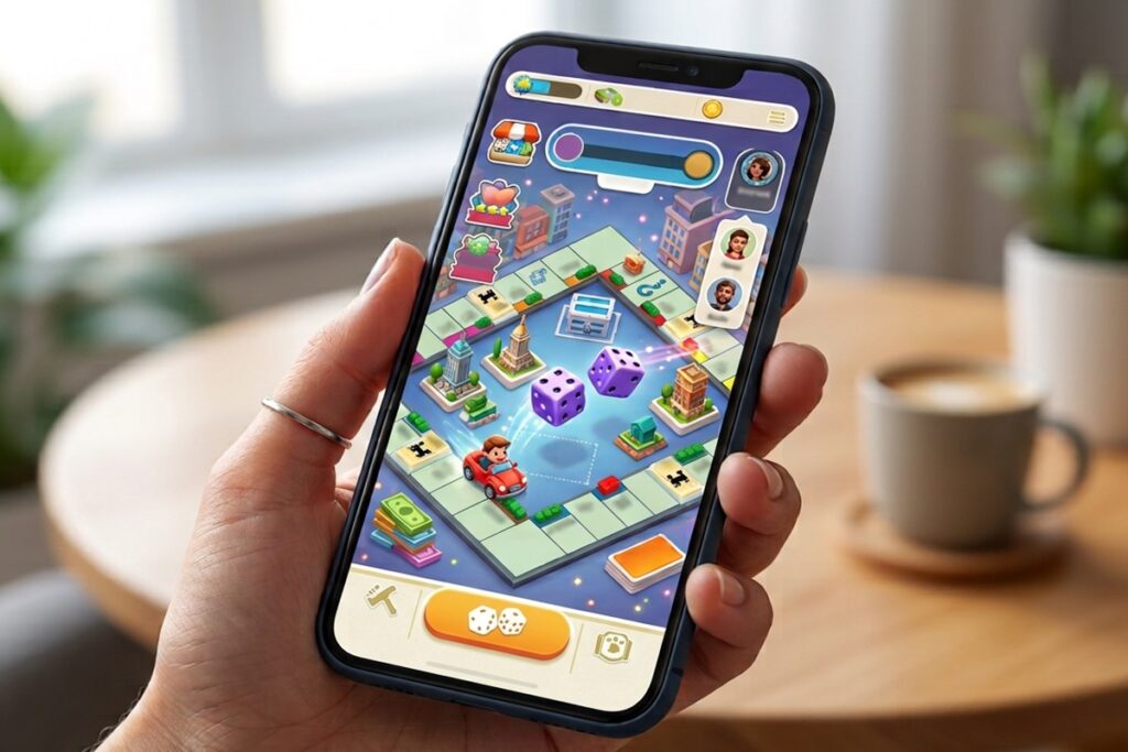 Gameplay d’un jeu similaire à MONOPOLY GO sur mobile