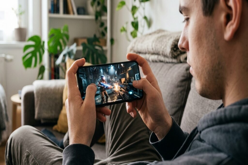 Un jeune homme qui joue à un FPS sur son mobile