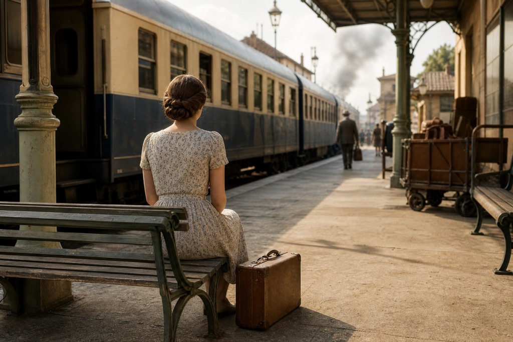 Jeune femme assise seule sur un banc de gare
