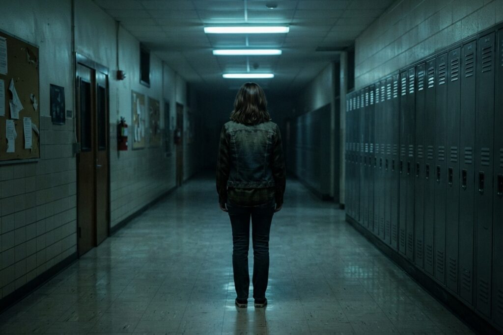 Jeune femme dans un couloir de lycée américain