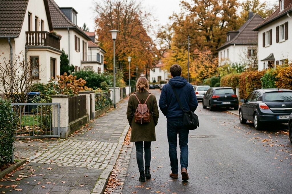 Jeunes adultes marchant côte à côte dans un quartier résidentiel