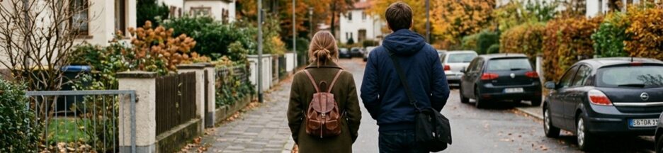 Jeunes adultes marchant côte à côte dans un quartier résidentiel