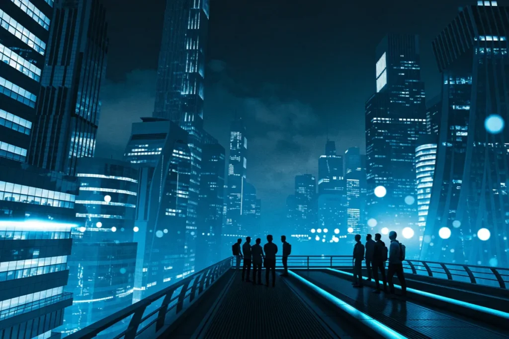 ville futuriste nocturne avec deux groupes de silhouettes sur un pont élevé évoquant K.O. Club