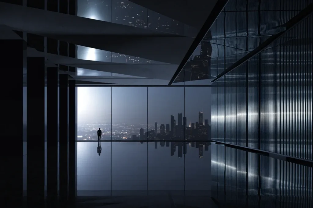 silhouette solitaire devant une baie vitrée donnant sur une ville futuriste