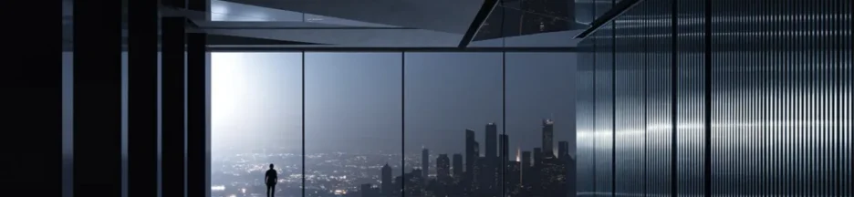 silhouette solitaire devant une baie vitrée donnant sur une ville futuriste