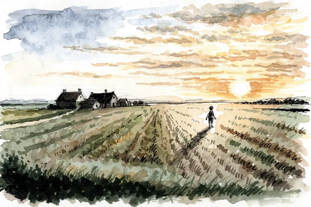 Illustration IA d'une ferme dans la campagne de la Beauce, évoquant le film d'animation Le Corset