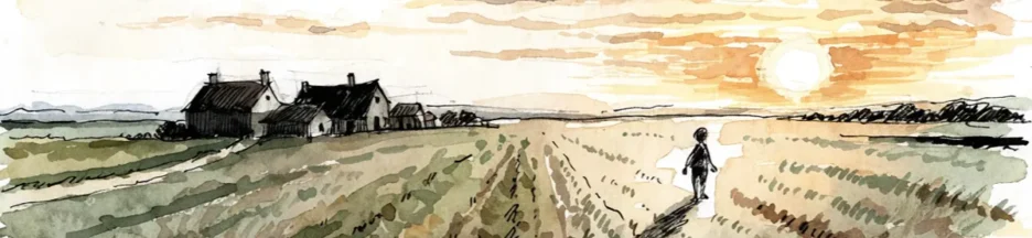 Illustration IA d'une ferme dans la campagne de la Beauce, évoquant le film d'animation Le Corset