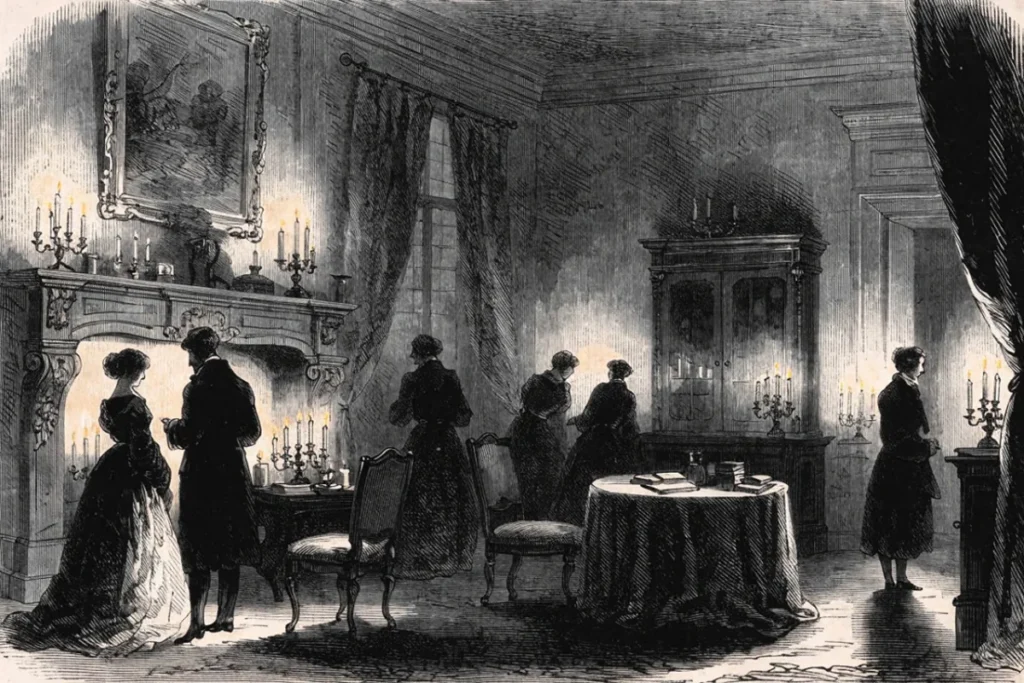 salon bourgeois du XIXe siècle avec des gens en habits d'époque comme dans Le Rouge et le Noir