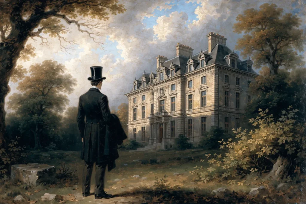 Jeune homme en costume XIXe siècle face à une demeure bourgeoise française évoquant Julien Sorel