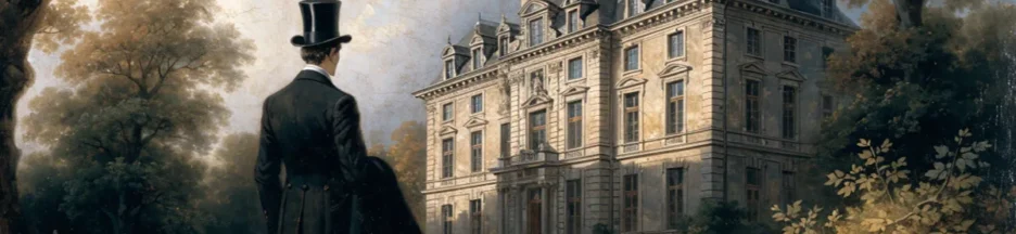 Jeune homme en costume XIXe siècle face à une demeure bourgeoise française évoquant Julien Sorel