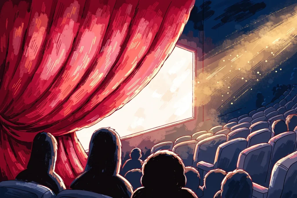 rideau de théâtre rouge s'entrouvrant sur un écran de cinéma comme dans Long Day's Journey Into Night