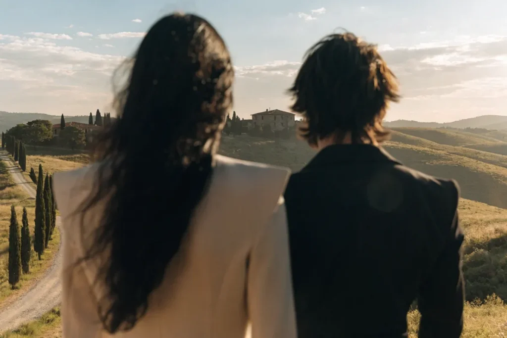 Un couple évoquant Dove Cameron et Damiano David en Toscane