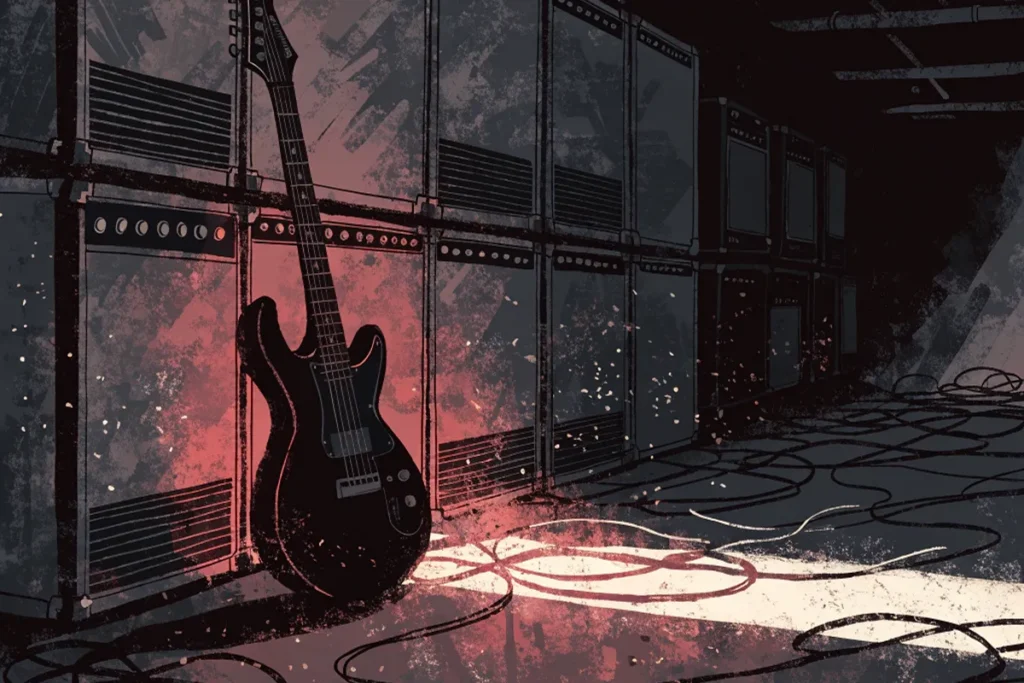 guitare électrique posée sur un pied d'ampli dans une ambiance de backstage metal