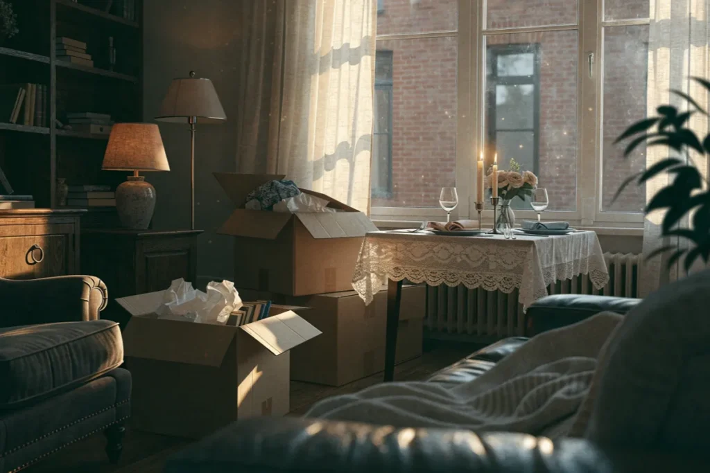 Salon chaleureux évoquant l'emménagement du couple dans Nobody Wants This saison 3