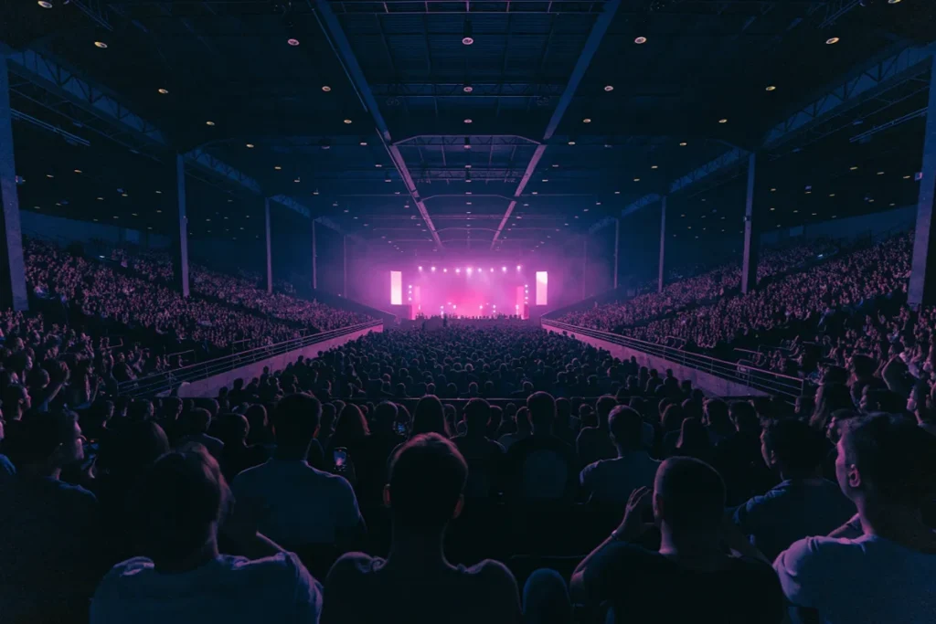 le public d'une grande arène avant un concert évoquant la tournée d'Olivia Rodrigo