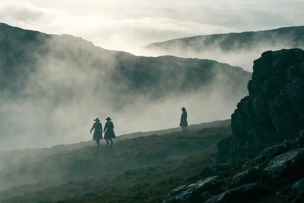 Un couple en costume d'époque dans un paysage écossais évoque Outlander: Blood of My Blood saison 2