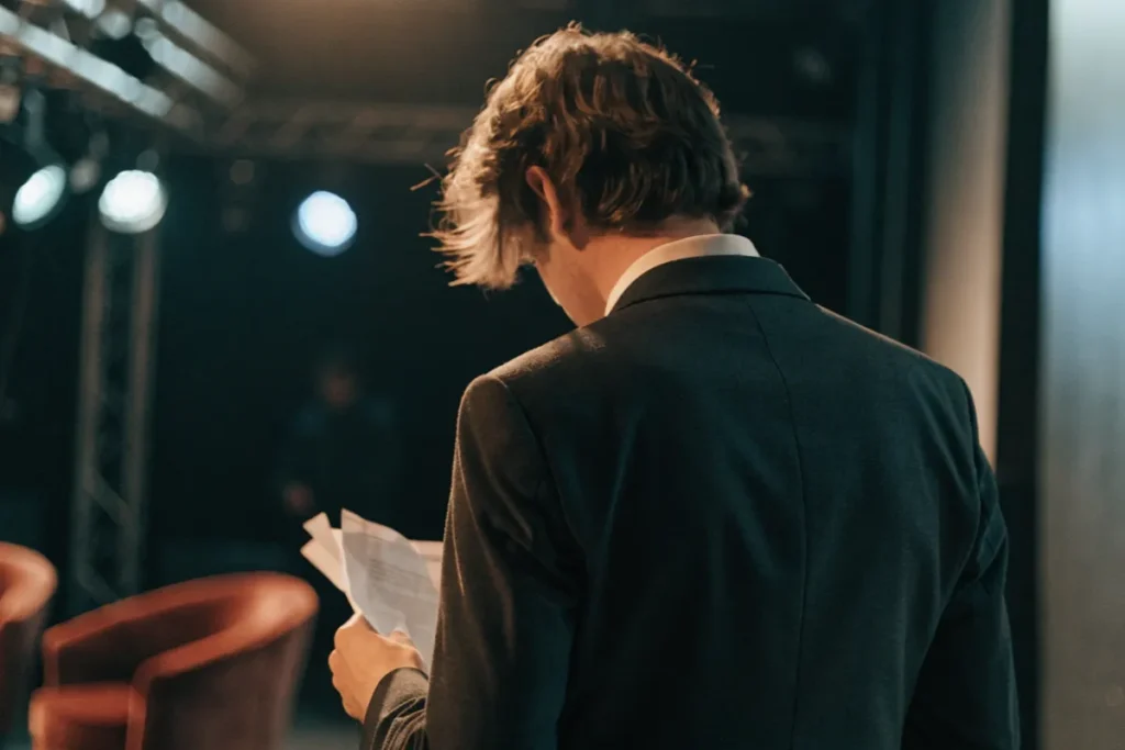 Artiste de dos, un texte à la main, évoquant la préparation de Paul, la série