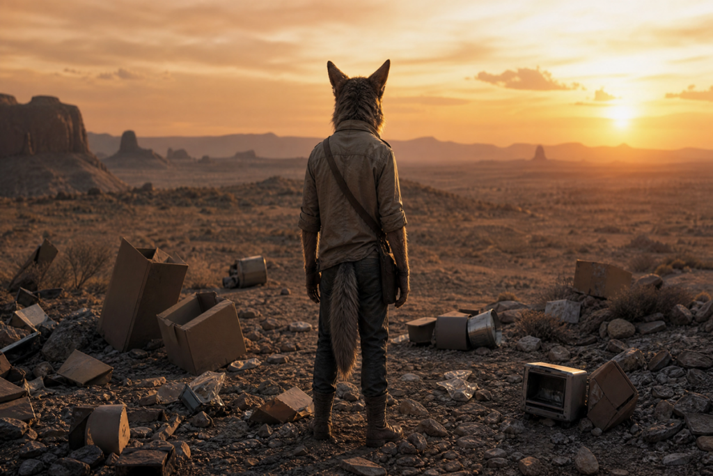 Personnage anthropomorphe ressemblant à un coyote vu de dos