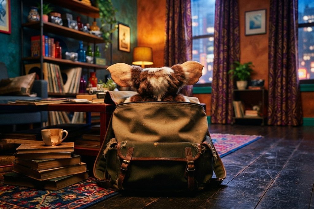 Petite créature fantastique assise dans un sac à dos 