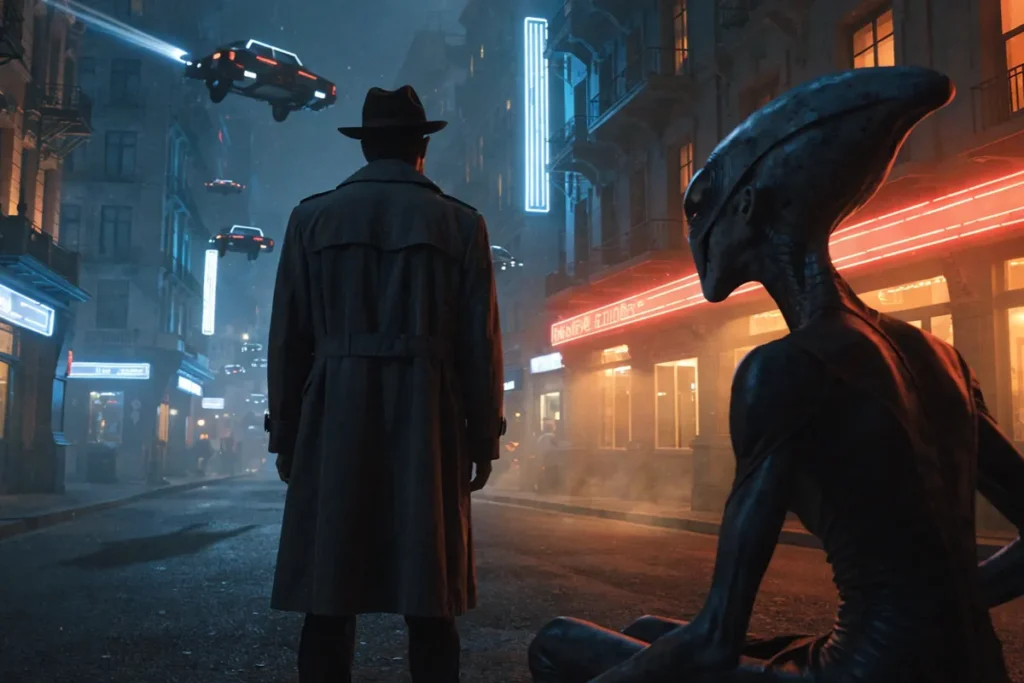 Détective privé dans une ville futuriste rappelant Ray Gunn
