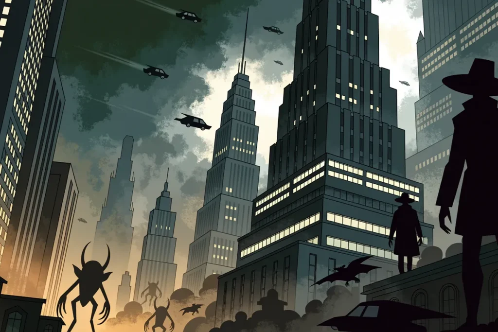 Scène cinématographique représentant un détective privé futuriste