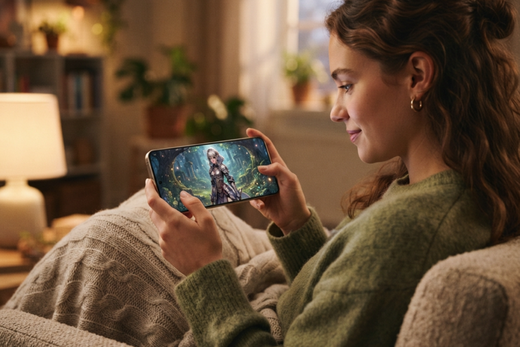 Une gameuse qui joue à un RPG sur son smartphone