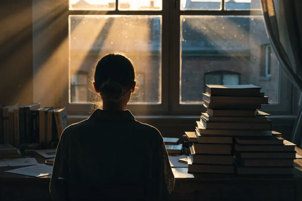 silhouette d'une personne de dos regardant des livres empilés