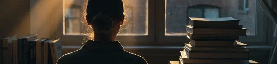 silhouette d'une personne de dos regardant des livres empilés
