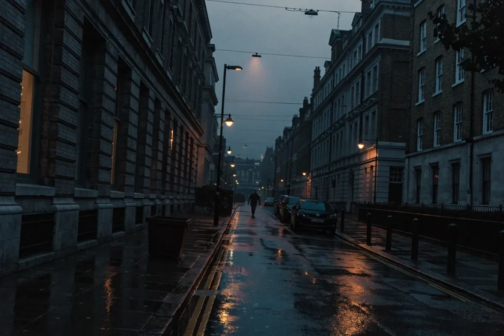 Une rue londonienne pluvieuse en fin de journée illustre l'ambiance de Slow Horses saison 6