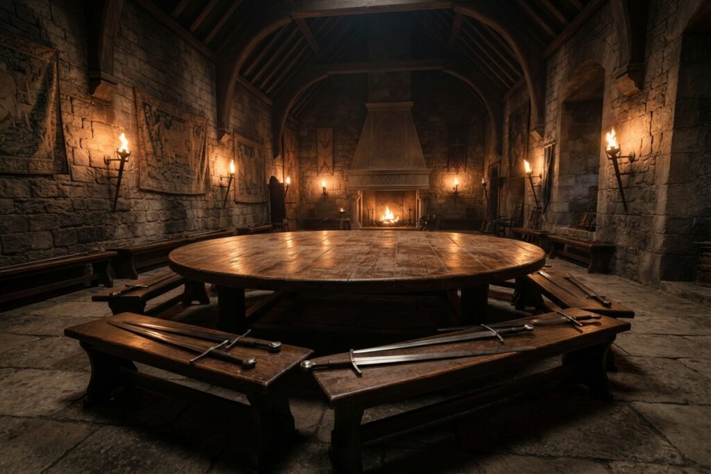 Table ronde dans une grande salle médiévale