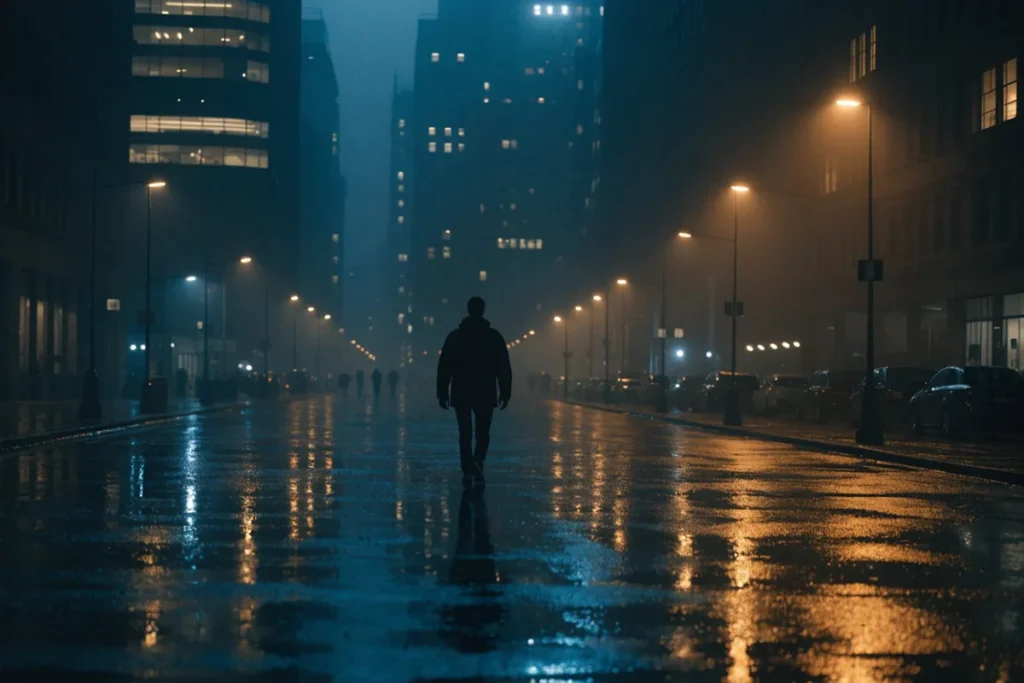 Une silhouette vue de dos marche dans une ville éclairée la nuit évoquant The Terminal List