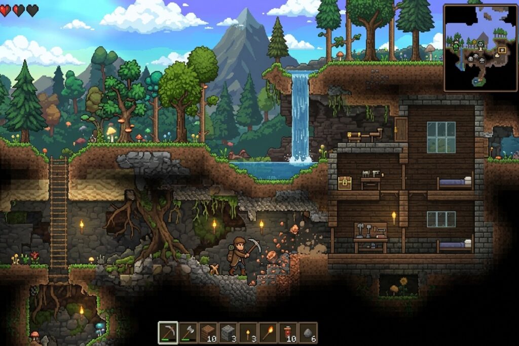 Gameplay d’un jeu mobile comme Terraria+